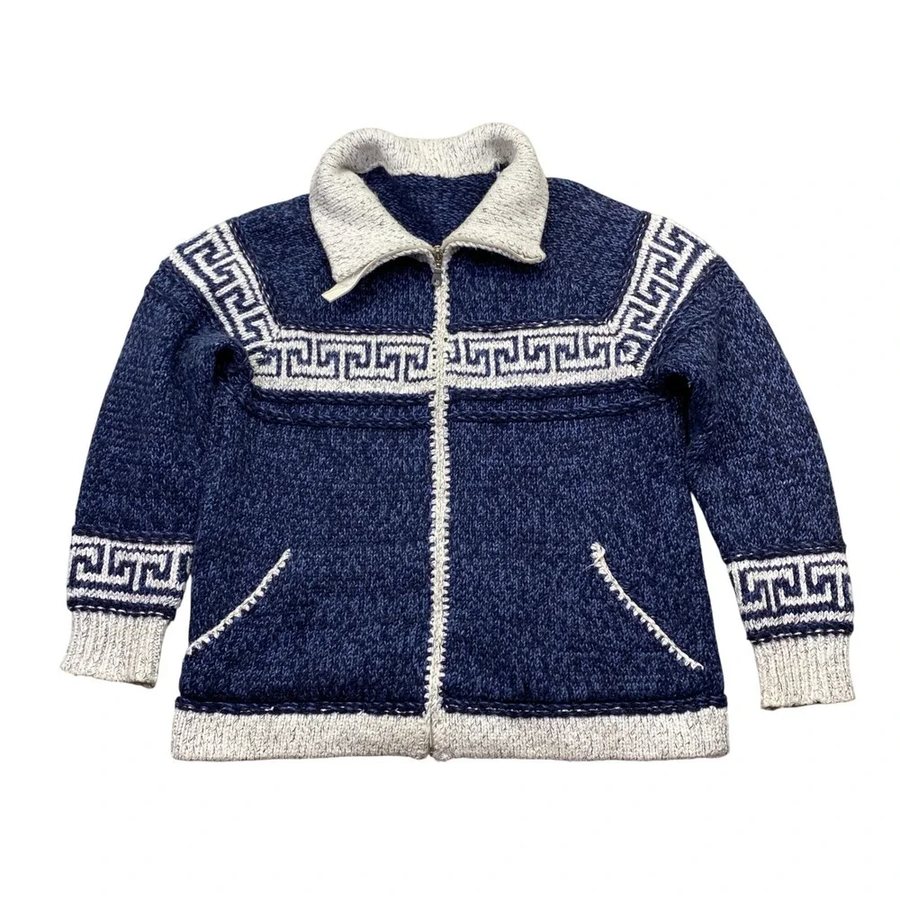Vintage‎ Portugal Wool Blend Full Zip Greek Key Cardigan Sweater Blue White